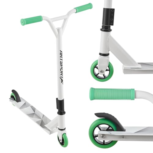 ArtSport Stunt Scooter Futuristic - Trick Roller für Kinder & Jugendliche - 360° Lenker, 100 mm Alu Räder - Kinderroller Weiß Grau Mintgrün