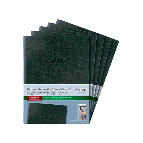 SIGEL SM207/5 Speisekarten-Mappe A5, Gummi-Bindung, anthrazit mit Leinenstruktur, 5er Pack, strapazierfähig und leicht abwischbar