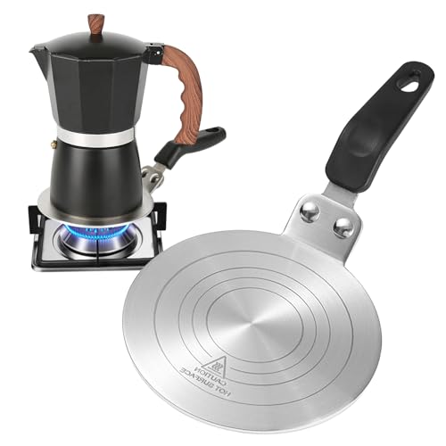 DONJIM Universal Induktion Adapterplatte Ø 13 cm, Kleine Induktionsadapter mit Wärmeisolierunggriff aus Edelstahl für Moka Töpfe, Espressokocher und Kaffeekannen auf Induktionskochfelder