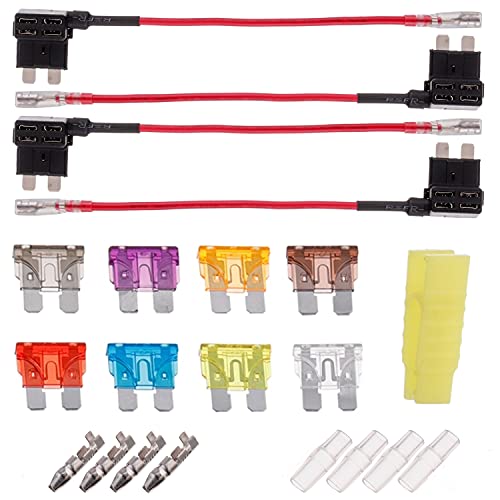 BOJACK 4 Stück 12V Standard Stromdieb ATC Autosicherungen, Flachsicherungsadapter 12V Stecksicherung Verteiler mit 8 Autosicherungen (2A / 3A / 5A / 7.5A / 10A / 15A / 20A / 25A)