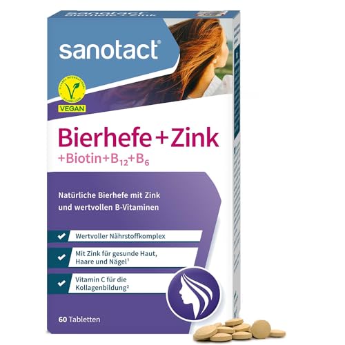 sanotact Bierhefe + Zink (60 Tabletten) • Für Haut, Haare & Nägel • Vitamin-Komplex mit Bierhefe, Zink, Biotin, Vitamin B12, B6 & Vitamin C • Haut & Haar Vitamine • 100% Vegan