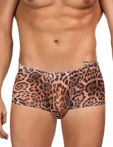 ohyeahlady Boxershorts Herren Leopard Sexy Unterwäsche für Mann Transparent Slips Erotische Dessous Reizwäsche Große Größen Lustige Unterhosen Höschen Bulge Pouch Underwear Autmungsaktiv Briefs L