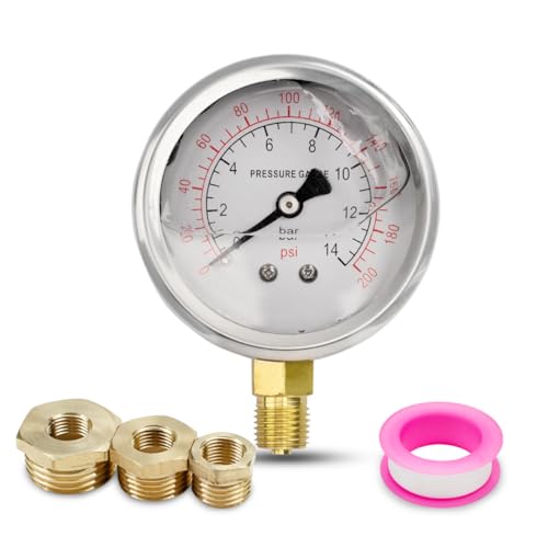 Innfeeltech 1-Pcs 40mm Manometer BSP 1/8" 0-14 Bar 0~200 Psi mit 3-Stück Buchse 1/8" bis 1/4", 1/8" bis 3/8" und 1/8" bis 1/2" und einem Teflonband, Radial