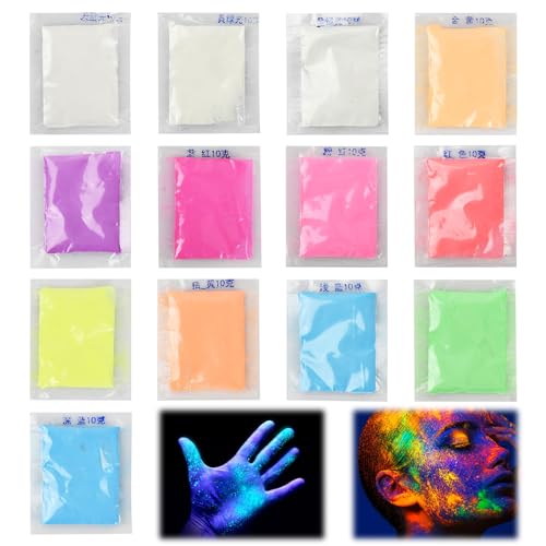 Fluoreszierende Pigmente, Fluoreszierendes Pulver Selbstleuchtend, 13 x 10g Leuchtender Epoxidharz Farbe Pigment, Nachtleuchtende Farbe, Im Dunkeln Leuchtendes Pigmentpulver für Slime, Nail Art