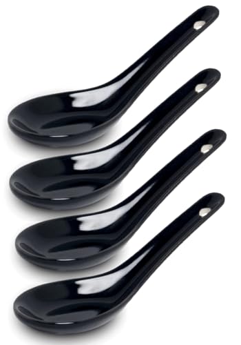 White and black Series ASIATICA | Porzellan-Löffel-Set Asien | 13 cm - Reis-Löffel - Suppen-Löffel, Servier-Löffel, Dessert-Löffel - Spoon-Set Ramen (4er Set schwarz)