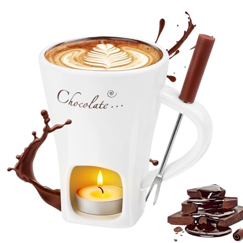 Wvu & Wvo 200ml Keramik Schokoladenfondue Set,Schokofondue Tasse,Becher zum Schmelzen von Schokolade,Fondue Set Mit Gabel Und Teelicht für Käse Schokolade Butter Karamell