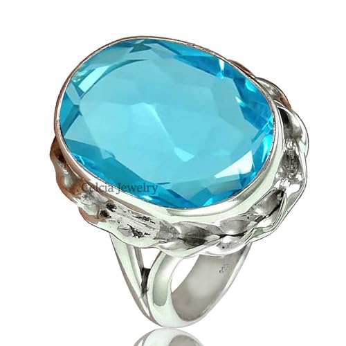 Blauer Topas-Edelstein Einzigartiger November-Geburtsstein-Ring für Frauen, massiver 925er Sterlingsilber-Statement-Ring, schönes Hochzeits-Verlobungsgeschenk für Frauen (Blau-Topas, Größe 7,75)