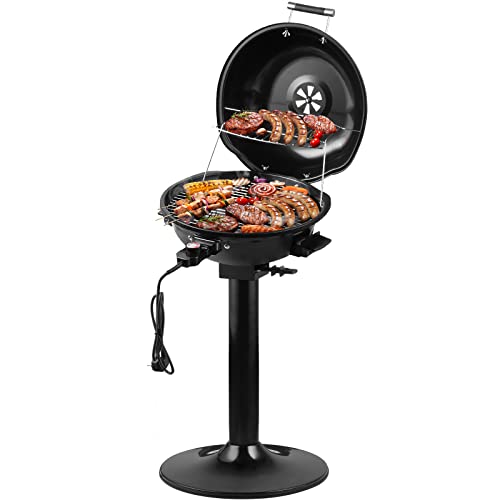 CUSIMAX Elektrischer Elektrogrill Standgrill mit Deckel und Standfuß, Regulierbaren Thermometer und Fettauffangschale, 1600W Grill Elektrisch für Innen- & Außennutzung, Balkon, Garten & Küche