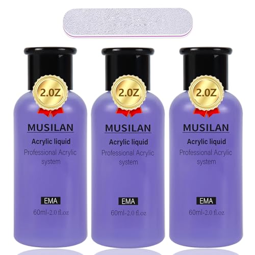 MUSILAN Acrylflüssigkeit für Nägel, EMA-Acryl Liquid Monomer für Acrylpulver Professionell Acryl Liquid-Superstarke Non-Yellowing Acryl Nagelset für Nageldesign in Anfänger und Studio Qualität 3*60ml