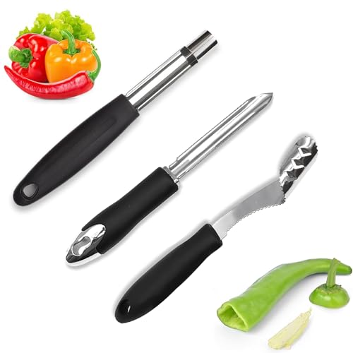 JAONLD Entkerner für Paprika 3 Teiliges Set Apfelentkerner Edelstahl Gemüse Entkerner Rutschfester Griff Apfelausstecher Unverzichtbare Küchenutensilien Für Paprika, Obst, Gemüse
