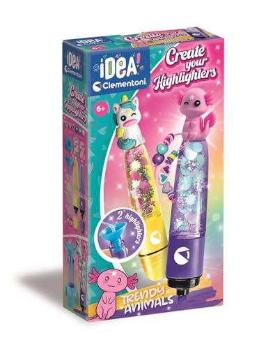 Clementoni Idea – Create Your Highlighters: Trendy Animals, Labor für personalisierte Textmarker, Kreativ-Set für Kinder ab 6 Jahren, mit 3 personalisierbaren Textmarkern mit Zubehör, 18874