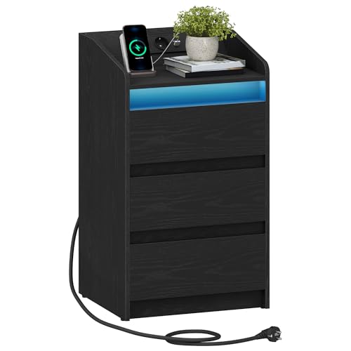 Hzuaneri Nachttisch mit 3 Schubladen, Beistelltisch mit Ladestation und LED, 2 AC-Steckdosenund 2 USB-Anschlüsse für Schlafzimmer, Wohnzimmer, Schwarz NS40004X