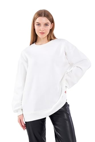 COMEOR Sweatshirt Damen Bequemer Oversize Pullover aus Baumwolle, Langarmshirt als Basic Pulli ohne Kapuze Regular Fit (Weiß M)