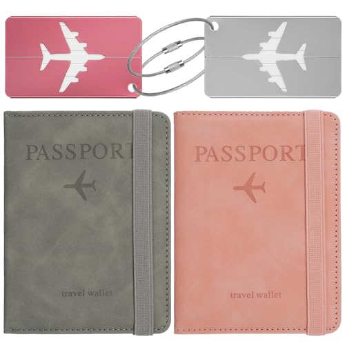Apricitie 4 Stück Reisepasshülle&Kofferanhänger Set,Passport Hülle Reisepass,Aluminium Gepäckanhänger mit Adressschild,Passport Cover Kunstleder Impfpass Hülle mit RFID-Blocker for Kreditkarten
