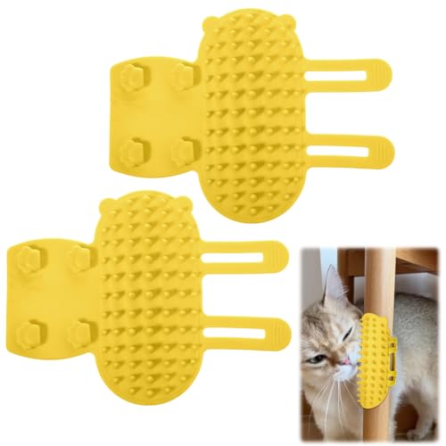 HJZHII 2 Stück 2-In-1 Selbstreinigende Katzenbürste,Silikon Katzenbürsten,Cat Brush Katzen Bürste Katze Katzenpflege Massage Haarausfallbürste Verstellbar Katzengesichtskratzer für Tischbeine(gelb)