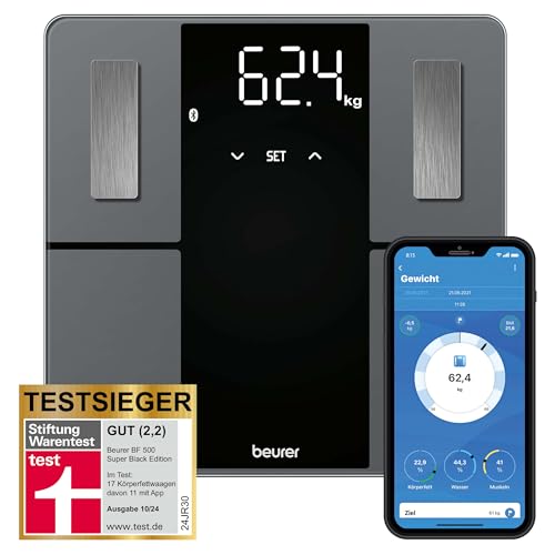 Beurer BF 500 Diagnosewaage mit Bluetooth, Testsieger bei Stiftung Warentest, digitale Körperwaage mit App, Ermittlung und Analyse der Körperwerte, Messung von Körperfett und Muskelanteil, XL-Display