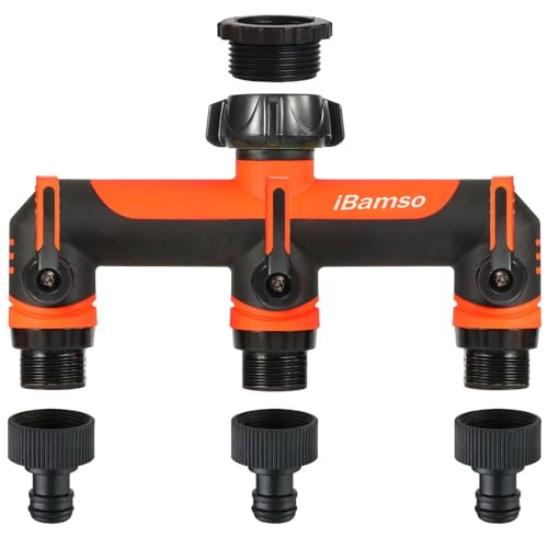 iBamso 3-Wege Verteiler, 3/4 Zoll Wasserverteiler, Anschlussmöglichkeit für 3 Geräte an den Wasserhahn, Gartenschlauch Adapter Verlängerter Griff, Individuell Wasserdurchfluss regulier - Orange