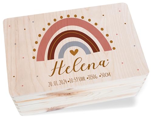 Holz Erinnerungsbox Baby - Regenbogen mit Name und Geburtsdaten Geschenk Mädchen - 30 x 20 x 14 - Holz - errinerungskiste zur geburt personalisiertes baby-geschenk personalisierte holzkiste