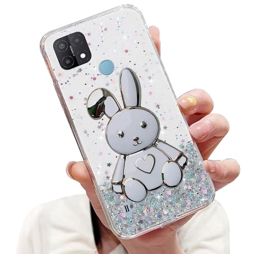 Tivenfezk Nadoli für Oppo Realme C21 Herz Hase Versteckt Ständer Hülle,Karikatur Glitzer Ständer Weiche Silikon Bling Durchsichtig Schutzhülle,Klar