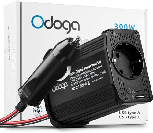 Odoga Wechselrichter 12V auf 230V – 300 W Spannungswandler, Stromwandler mit 3A USB-C und USB-A Anschluss, Inverter 12V 220V, Auto Steckdose, Laden Sie Ihr Laptop, iPad, iPhone, Tablet Und Mehr