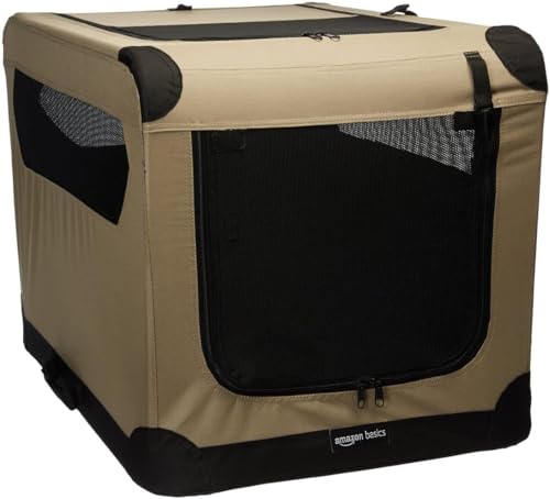 Amazon Basics 2-Doors Portable Soft-Sided Folding Travel Crate Kennel for cat, dog, and other small animals, Tan, M 76 cm x 54 cm x 54 cm