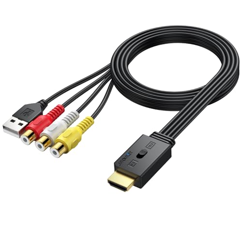 AUTOUTLET RCA auf HDMI Konverter, 1080P AV auf HDMI Adapter unterstützt 16:9/4:3 Konvertierung, PAL/NTSC, Cinch auf HDMI Adapter mit 60cm Weiblich-RCA-Kabel für Wii, PS1/PS2, Xbox, N64, DVD/VHS/VCR