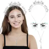 LEACCO Haarreif Sterne Silber Damen Glitzer Haarreif mit Sterne Strass Gesichtstattoo Halskette Karneval Fasching Haarschmuck Kopfschmuck Sterne Silber Stirnband Glitzer Haarreifen für Damen Mädchen