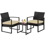 Yaheetech Balkonmöbel Set, Gartenmöbel-Set aus PE-Polyrattan Wetterfest inkl. 2 Stühle mit Sitzkissen & Tisch, 3Teilig Terrassenmöbel Sitzgruppe Lounge Set für Balkon/Terrasse/Garten, Schwarz-Khaki