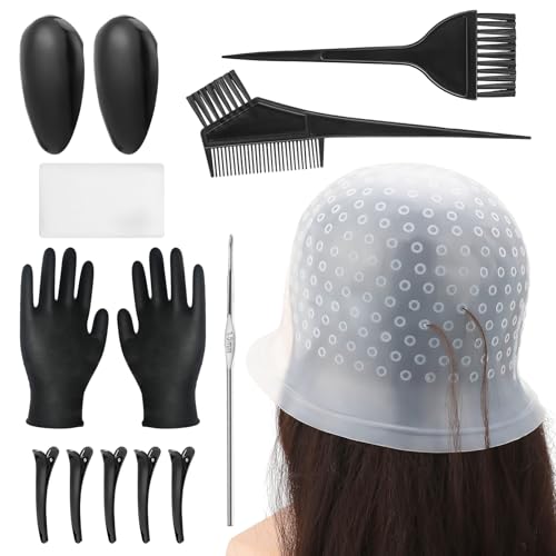 12 Stück Haar Färben Set, Silikon Haarfärbe Kappen mit Haarfärbenadel, Haarpinsel zum Haare Färben, Haarfärbepinsel und Schüssel-Set, Inklusive Einwegschal, Haarnadeln, Bürstenkamm, Handschuhe