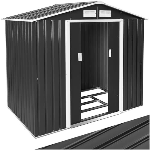 tectake® Metall Gartenhaus mit Satteldach, Geräteschuppen Garten mit Schiebetür, Gerätehaus mit Metallfundament, als Gartenschuppen, Gartenhütte oder Fahrradgarage, 4 m³ Lagerfläche - grau/weiß