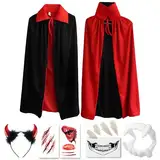 Vampir Umhang Kinder mit Kragen, Halloween Cape Vampir Kostüm Schwarz Rot Doppelseitig für Halloween Karneval Cosplay mit Teufel hörner, Temporäre Tattoos und Dentures (Gr. 80CM)