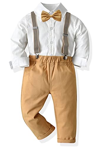 Baby Jungen Anzug Bekleidungssets Kleid Strampler hosenträger Fliege Krawatte 4tlg Anzug Gentleman Festliche Taufe Hochzeit Langarm Baby Kleikind 6 Monate 6 Jahre (Weiß_khaki,18-24 Monate)