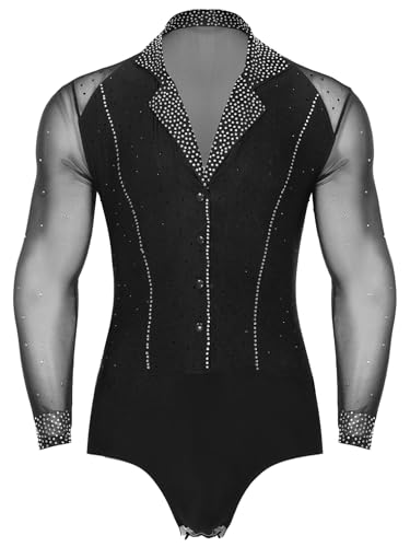 Agoky Herren Glitzer Leotard Tiefer V Ausschnitt Langarm Body Hemd Transparent Mesh Spleiß Latein Tanz Shirts Overalls Jumpsuit Eiskunstlauf Bekleidung Schwarz XXL