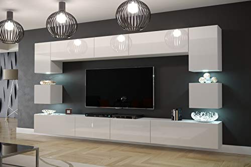 Furnitech Modernes TV Möbel mit LED Beleuchtung Schrank Wohnschrank Wohnzimmer Schrankwand Wohnwand Mediawand Nowara 1C (AN1-17W-HG21 1C, LED weiß)