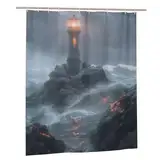 Leuchtturm Duschvorhang 200x100cm XXL Duschvorhänge Wellen Shower Curtains, Wasserabweisend, Badewannen Hotelvorhang, Beschwerter Saum, Schnell Trocknend, mit 12 Plastik Einhaken Bad Vorhang, Gifts