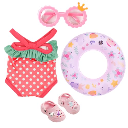 Puppenkleidung Sommer 4 Teilig,mit Badeanzug Schwimmring Sonnenbrille und Clogs,Baby Puppenzubehör,Badeanzug Puppe,für 43 cm Schwimmpuppe