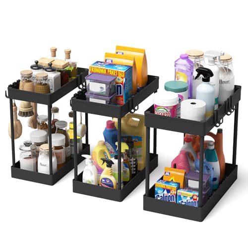 Meltrck Küchen Organizer, 3 Pack Unter Waschbecken Regal mit 8 Haken, Spülschrank Organizer, Badezimmer Organizer, Schrank Organizer, Ordnungssystem für Küche