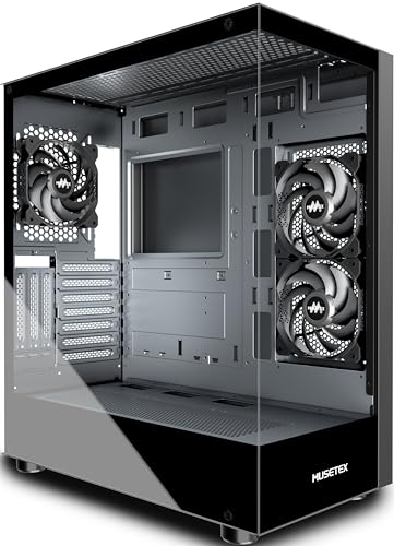 MUSETEX ATX PC Gehäuse, 360MM Rad Support, Full-View Dual Tempered Glass Mid Tower PC-Gehäuse, Typ-C Computergehäuse mit 3 vorinstallierten Nicht-LED-Lüftern, Gaming PC Gehäuse, Schwarz(K2)
