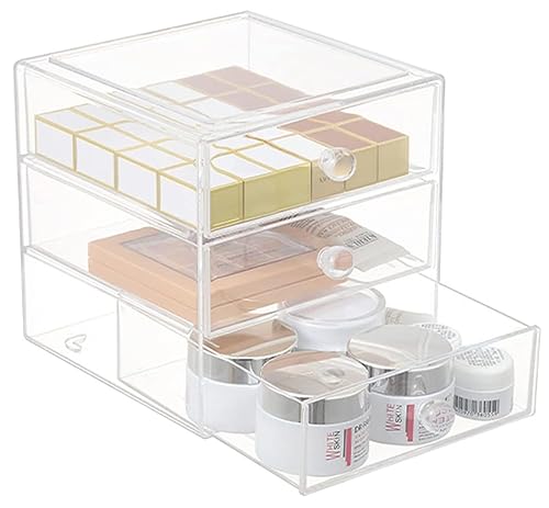 HOJKMA Acryl Kosmetik Organizer Schubladen, Transparenter Make Up Organizer mit 3 Schubladen Clarity Stapelbare Aufbewahrungsbox Schubladenboxen für Kosmetik, Hautpflege, Schmuck, Badezimmer, Klar