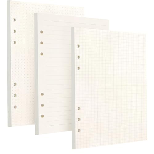 3 Packungen A5 Nachfüllpapier 6 Löcher Papier Kariert 180 Blatt/360 Seiten,Ringbucheinlagen A5 Kariert 21x14.2cm, Ordnerfüllpapier für A5-Ringbuch, Agende, Tagebücher(Gepunktet+Kariert+Liniert)