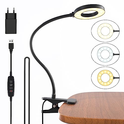 Aisutha Leselampe, Schwanenhals Leselampe Bett Augenschutz Klemmlampe mit 3 Modi & 10 Dimmstufen, 40cm Klemmleuchte für Büro Heimgebrauch, Schreibtischlampe Inklusive Adapter, Schwarz