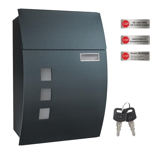 SONGMICS Briefkasten Wandbriefkasten mit Sichtfenster, Platz für Namen, 2 Schlüssel, Grau Anthrazit GMB030G02