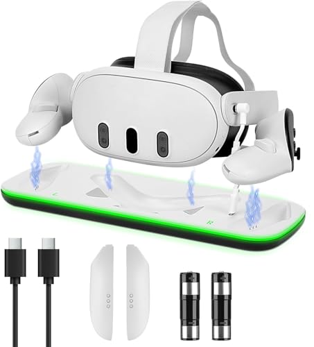 Ladestation für Meta Quest 3 Akku mit LED-Licht,USB, VR-Ladeständer Induktive für Quest 3 Headset und Controller, Ladestation mit 2 Batterien Wiederaufladbare/Type-C Ladekabel Weiß