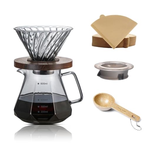 CHDEXU Pour Over Kaffeebereiter-Set, 600 ml, Borosilikatglas, Kaffee-Server mit Glasdeckel, 50 Stück V60-Papierfilter, Walnuss-Griff, Kaffee-Tropfer für Zuhause, Café, Restaurant, Grau