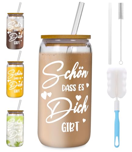 Bixury Cocktailgläser mit Deckel und Strohhalm 500 ml Glas Kaffeetassen Schön Dass Es Dich Gibt Geschenke für Frauen Männer Trinkgläser in Dosenform Kaffeetasse Iced Coffee Glas Cocktails