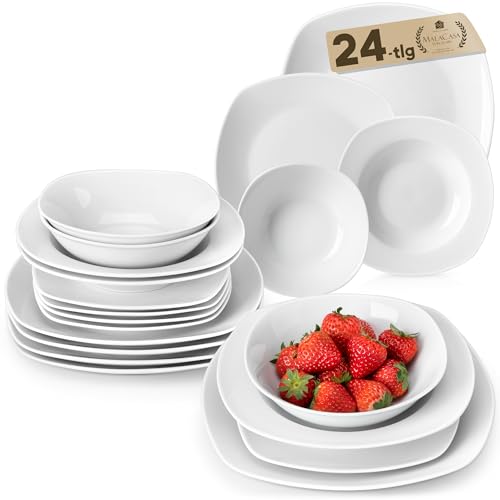 MALACASA Geschirrset 6 Personen, Serie Elisa 24-teiliges Modern Tafelservice in Hellgrau weiß, Porzellan Teller Set mit je 6 Speiseteller, 6 Dessertteller, 6 Suppenteller, 6 Schüssel