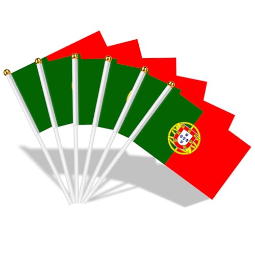 AhfuLife Klein Portugal Flaggen für Portugiesische Deko, 15 Stück Portugal Mini Handgehaltene Flaggen Fahne mit 30cm weißem Pole für 10. Juni Nationaltag WM Party Zuhause Garten Bar Dekoration