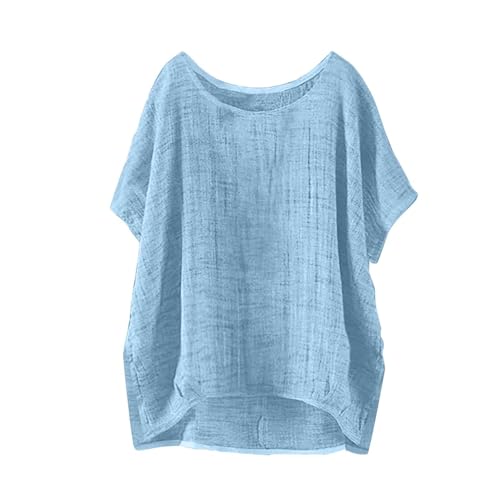 Day Prime Sommer locker Oversized Leinenbluse Kurzarm Vintage Leichte Bluse Basic Rundhals Damen T-Shirt Lässiges Bequemes Modisch Licht Hemdbluse Lässiges Atmungsaktive Elegante Blusenshirt