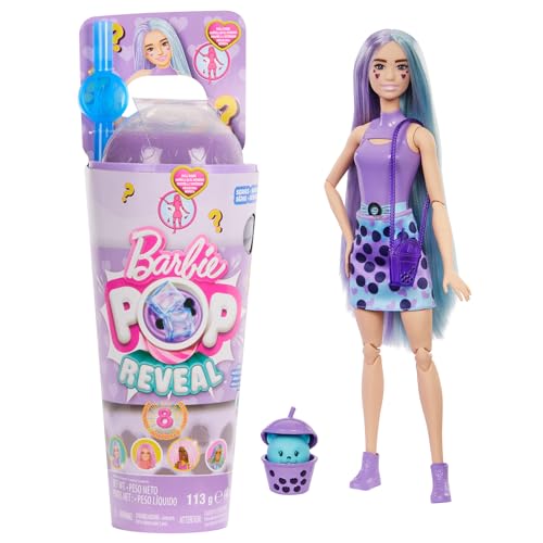 Barbie Pop Reveal Bubble Tea Serie Puppe und Accessoires, duftende Taro-Milk-Modepuppe mit Haustier, 8 Überraschungen, darunter Farbwechsel, Becher zur Aufbewahrung, HTJ19