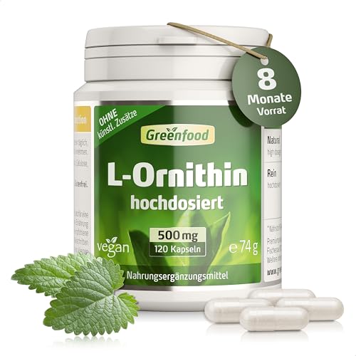 L-Ornithin, hochdosiert, 500mg - 120 Kapseln, vegan. Reines L-Ornithin – gewonnen aus natürlicher Fermentation. OHNE künstliche Zusätze - laborgeprüft. Von Greenfood.